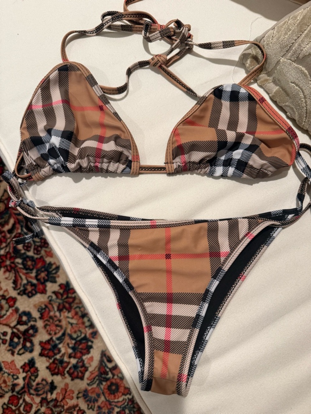 Burberry Beige Plaid Triangle String Bikini Set